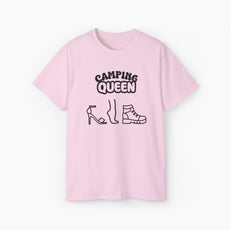 Pink t-shirt with 'Camping Queen' text, illustrated with a high heel, a foot, and a boot, on a plain background.