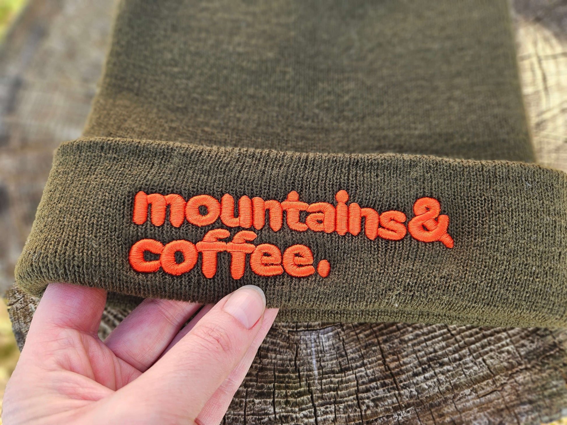 Mountains & Coffee 3D Puff Embroidered Cuffed Beanie