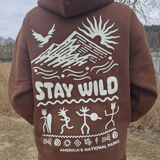 Person wearing a brown hoodie with white graphic featuring mountains, sun, bird, petroglyph-style art, and the text 