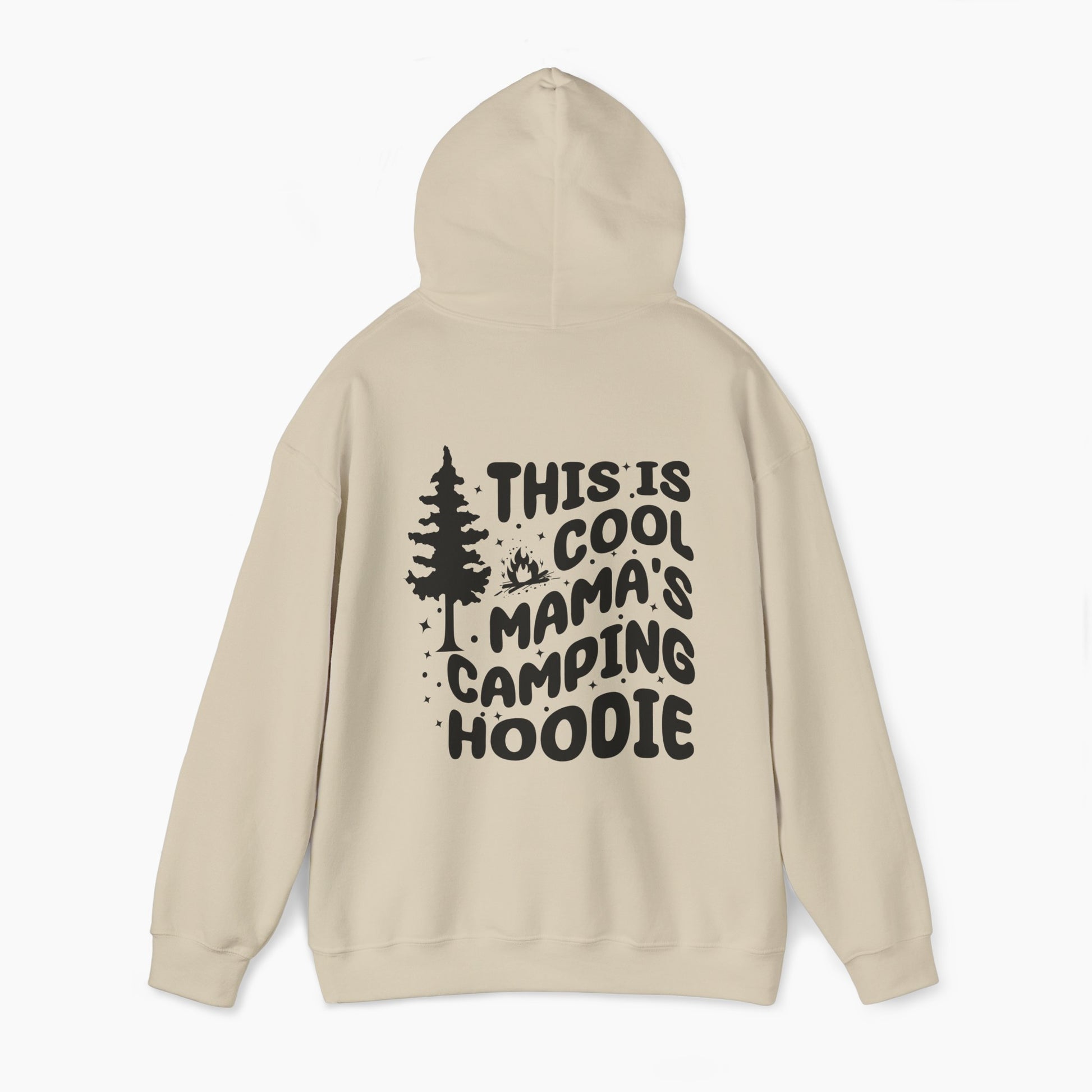 Sand color hoodie with the text 'This is cool mama's camping hoodie' on the back, featuring a tree and stars design on a plain background.