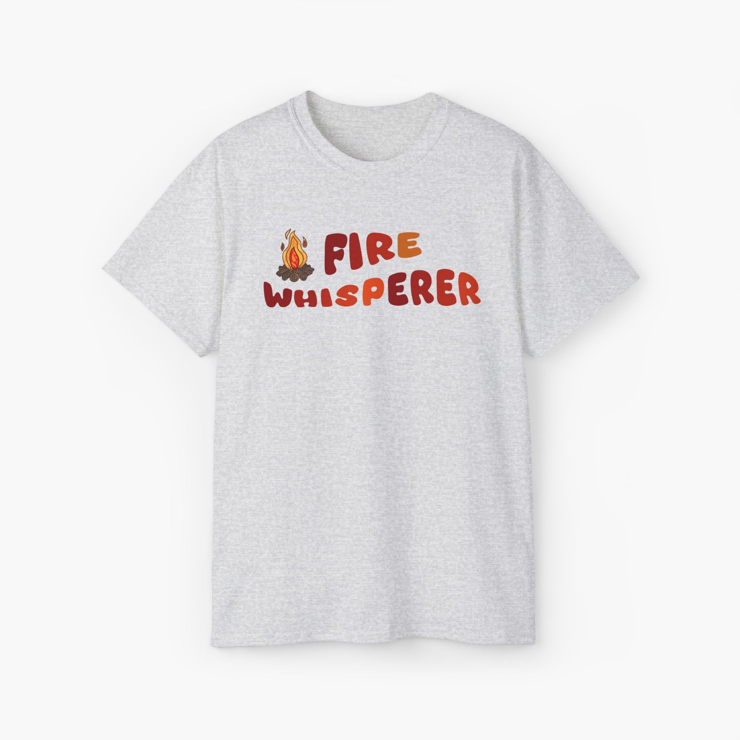 Light grey color t-shirt with colorful 'Fire Whisperer' text, featuring a vibrant campfire graphic on a plain background.