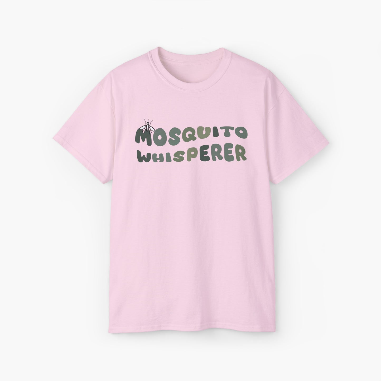 Light pink t-shirt with colorful green text 'Mosquito Whisperer' and a mosquito graphic on a plain background.