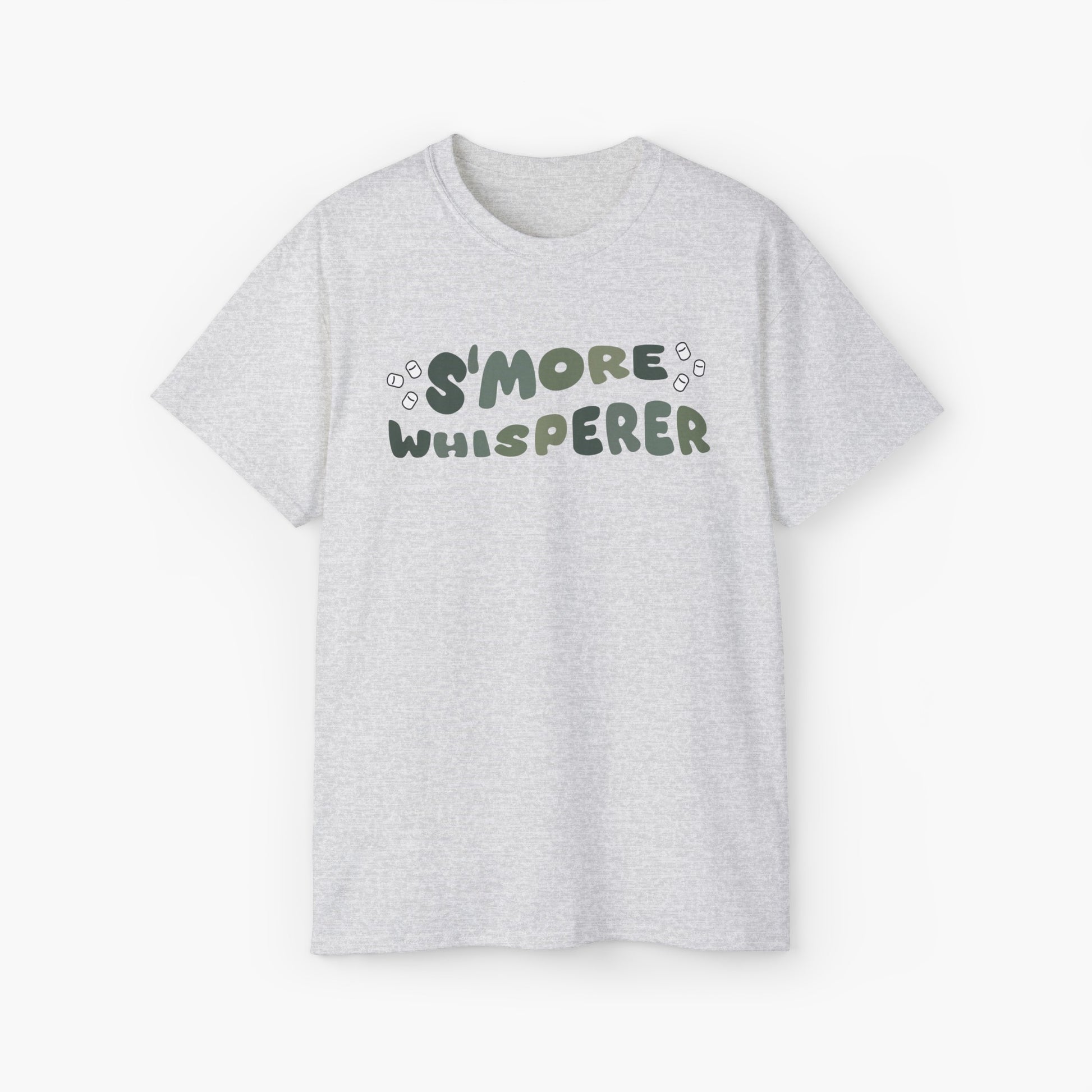 Light grey t-shirt with green text 'S'more Whisperer' and marshmallow graphics on a plain background.