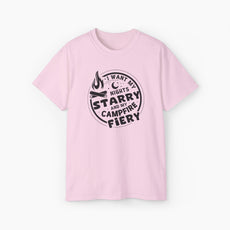 Light pink t-shirt with the text 'I want my nights starry and my campfire fiery' in a circular design, featuring a campfire, stars, and moon on a plain background.