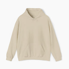 Front view of a plain sand color hoodie on a plain background.