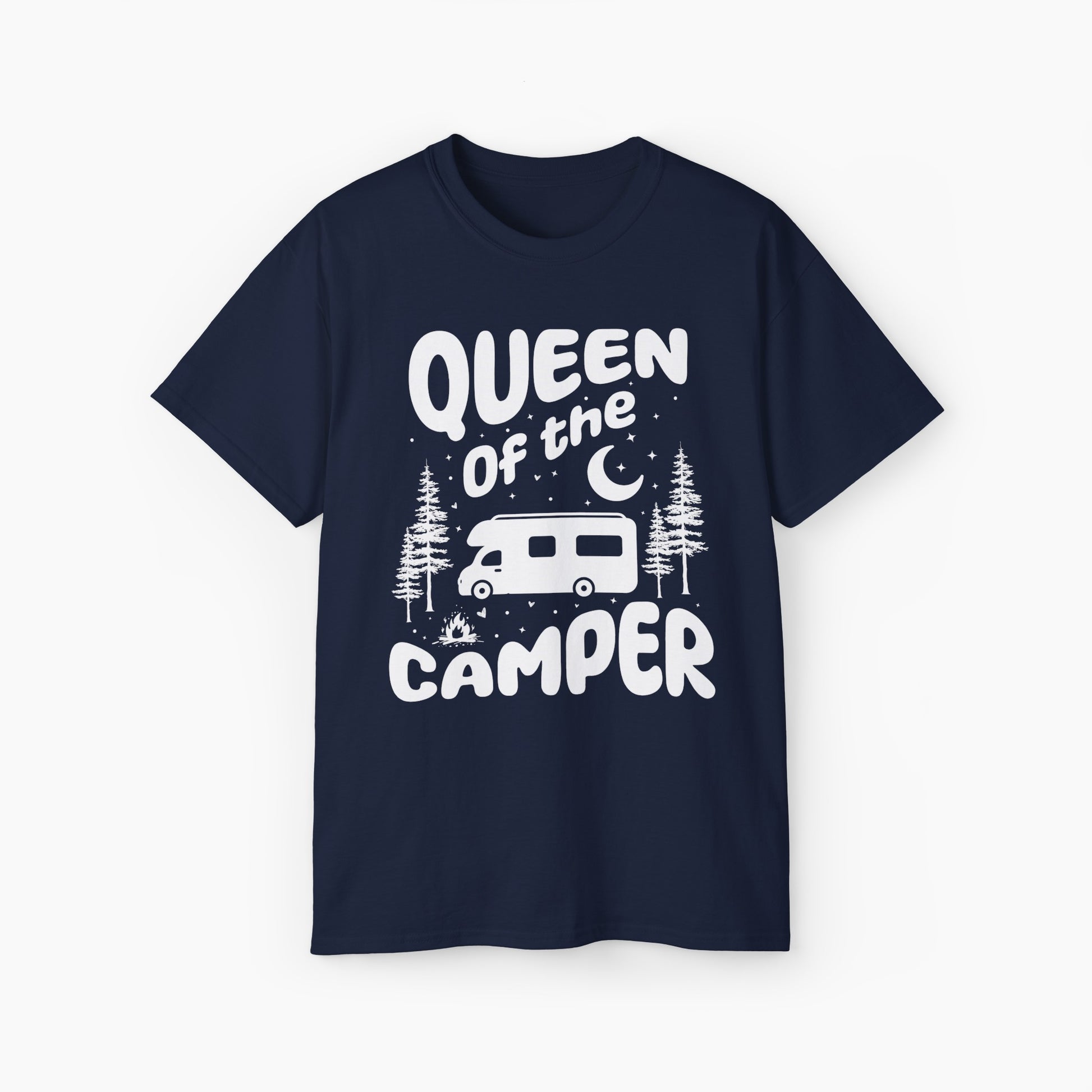 Dark blue t-shirt with 'Camping Queen' text, illustrated with a camping van, stars, trees, campfire, and moon, on a plain background.