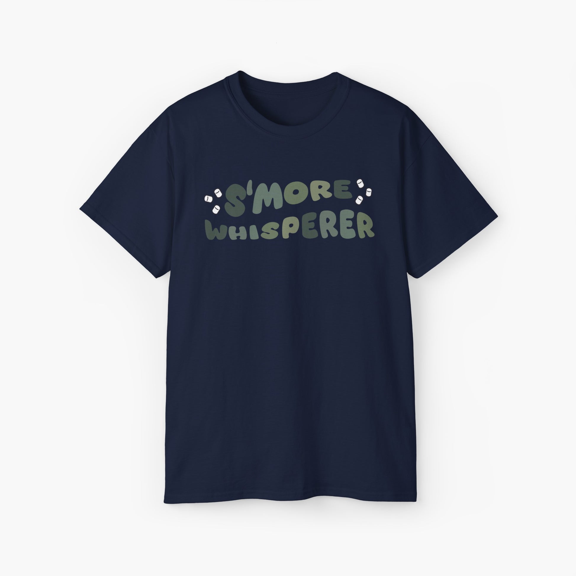 Dark blue t-shirt with green text 'S'more Whisperer' and marshmallow graphics on a plain background.