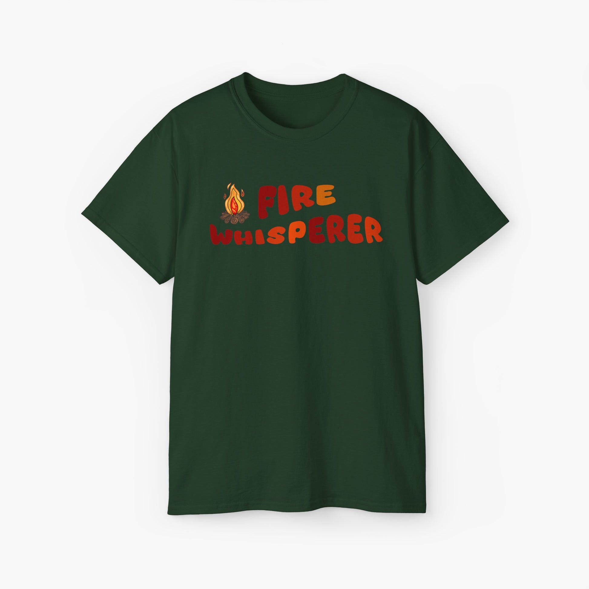 Green t-shirt with colorful 'Fire Whisperer' text, featuring a vibrant campfire graphic on a plain background.