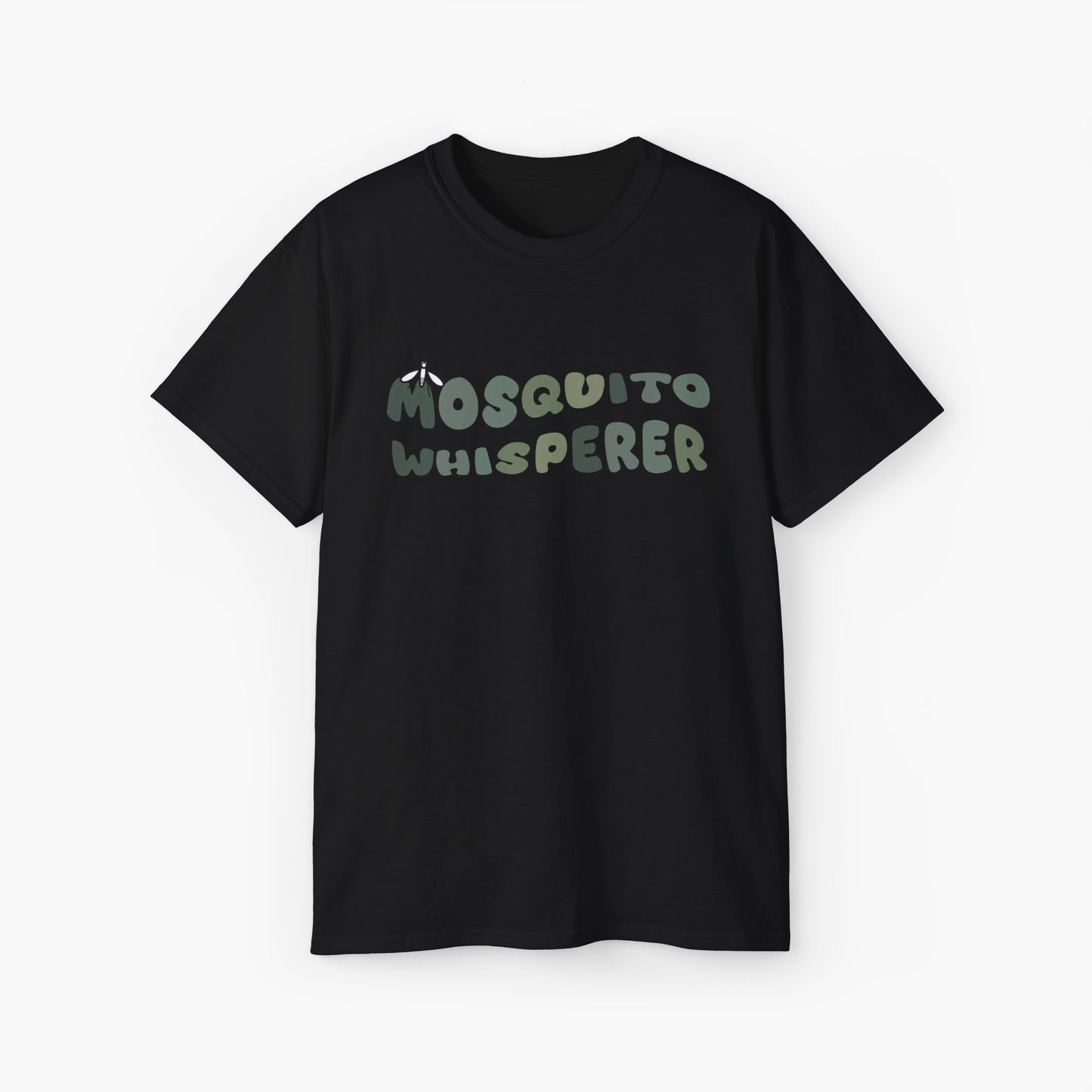 Black t-shirt with colorful green text 'Mosquito Whisperer' and a mosquito graphic on a plain background.