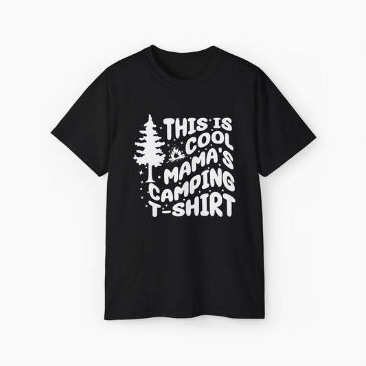 Black t-shirt with playful text 'This is cool mama's camping t-shirt,' illustrated with stars, a campfire, and trees on the print.