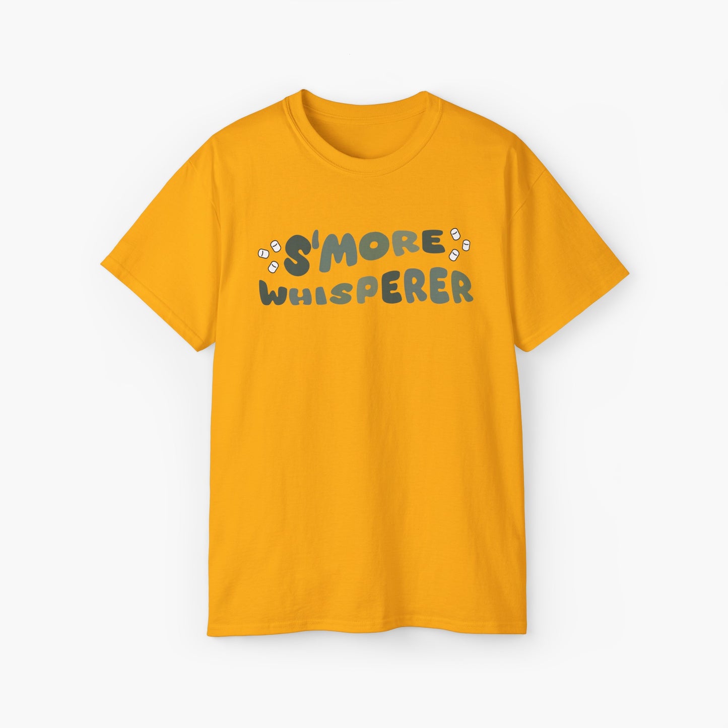 Yellow t-shirt with green text 'S'more Whisperer' and marshmallow graphics on a plain background.