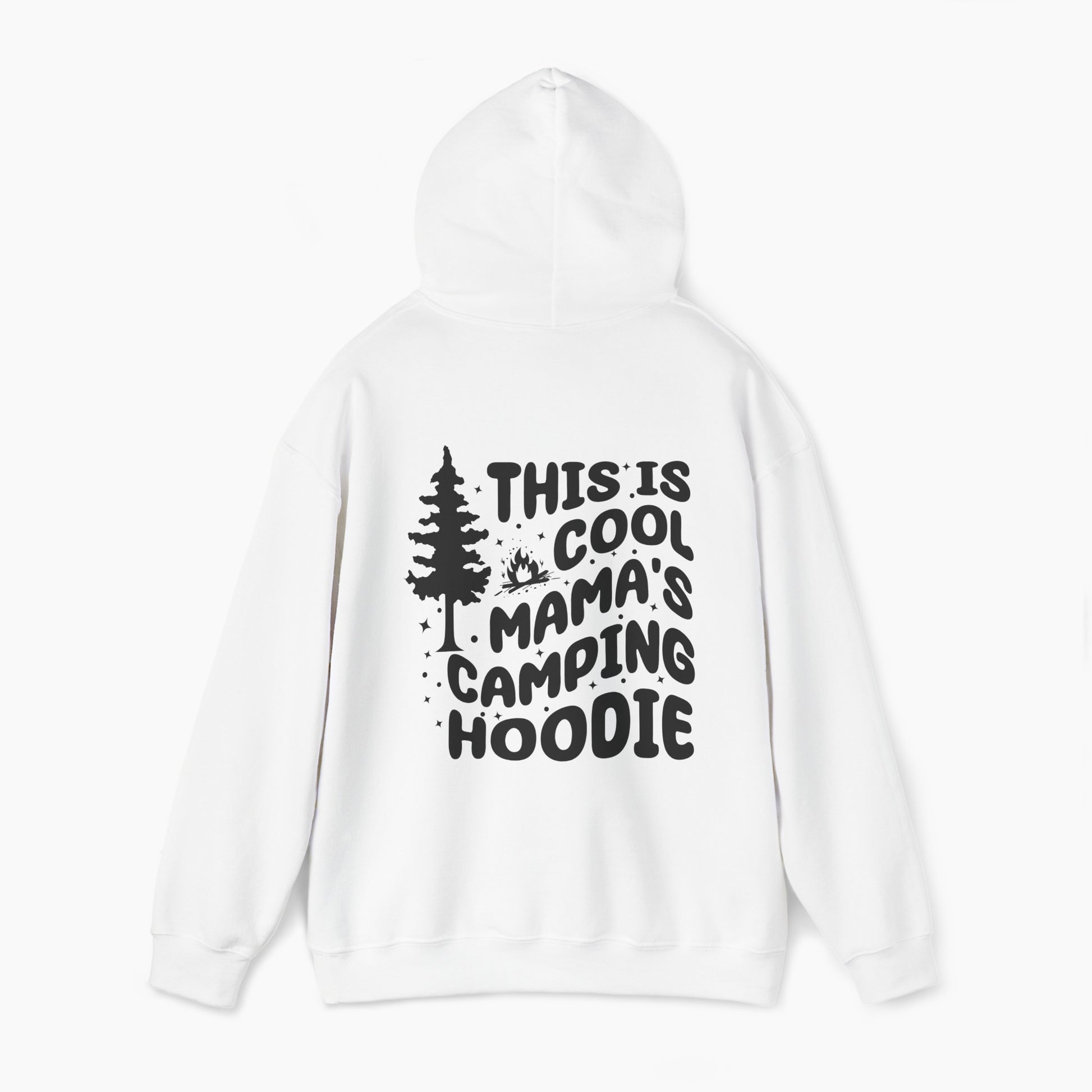 White hoodie with the text 'This is cool mama's camping hoodie' on the back, featuring a tree and stars design on a plain background.