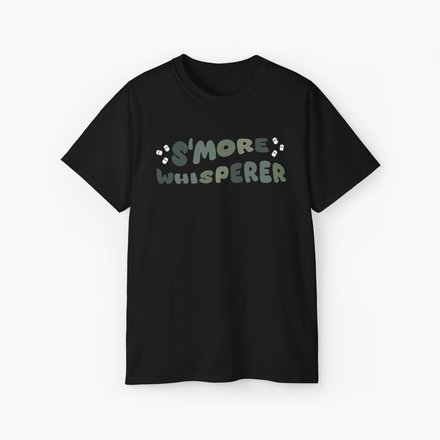 Black t-shirt with green text 'S'more Whisperer' and marshmallow graphics on a plain background.