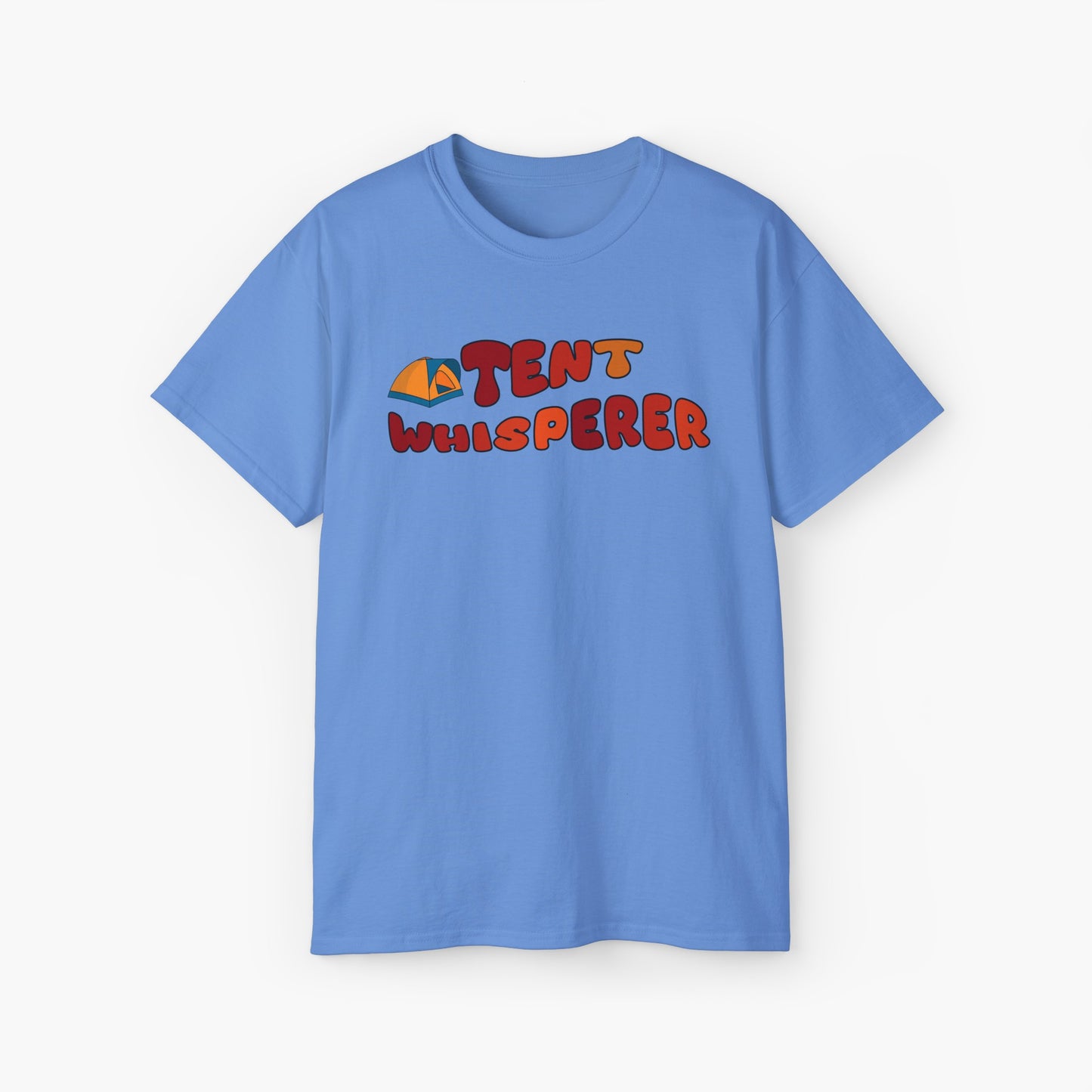 Blue t-shirt with red text 'Tent Whisperer' and a graphic of a tent on a plain background.