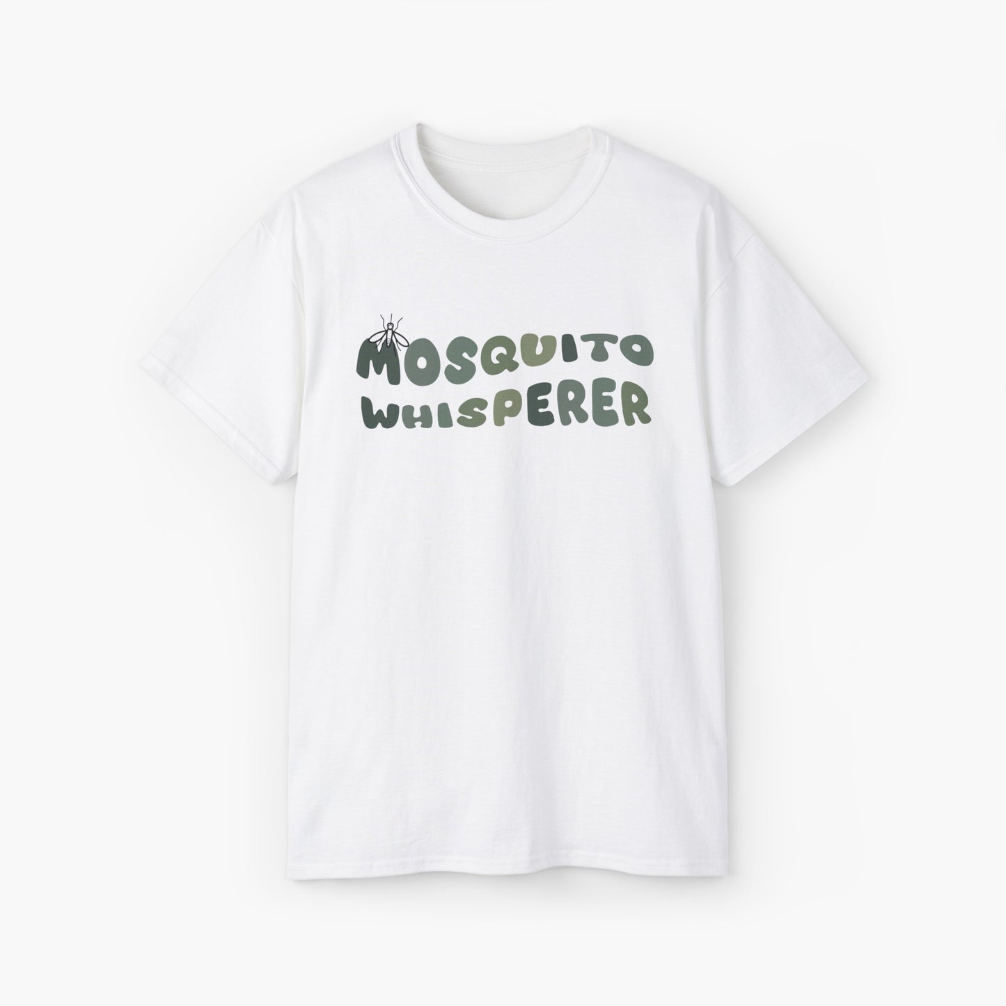 White t-shirt with colorful green text 'Mosquito Whisperer' and a mosquito graphic on a plain background.