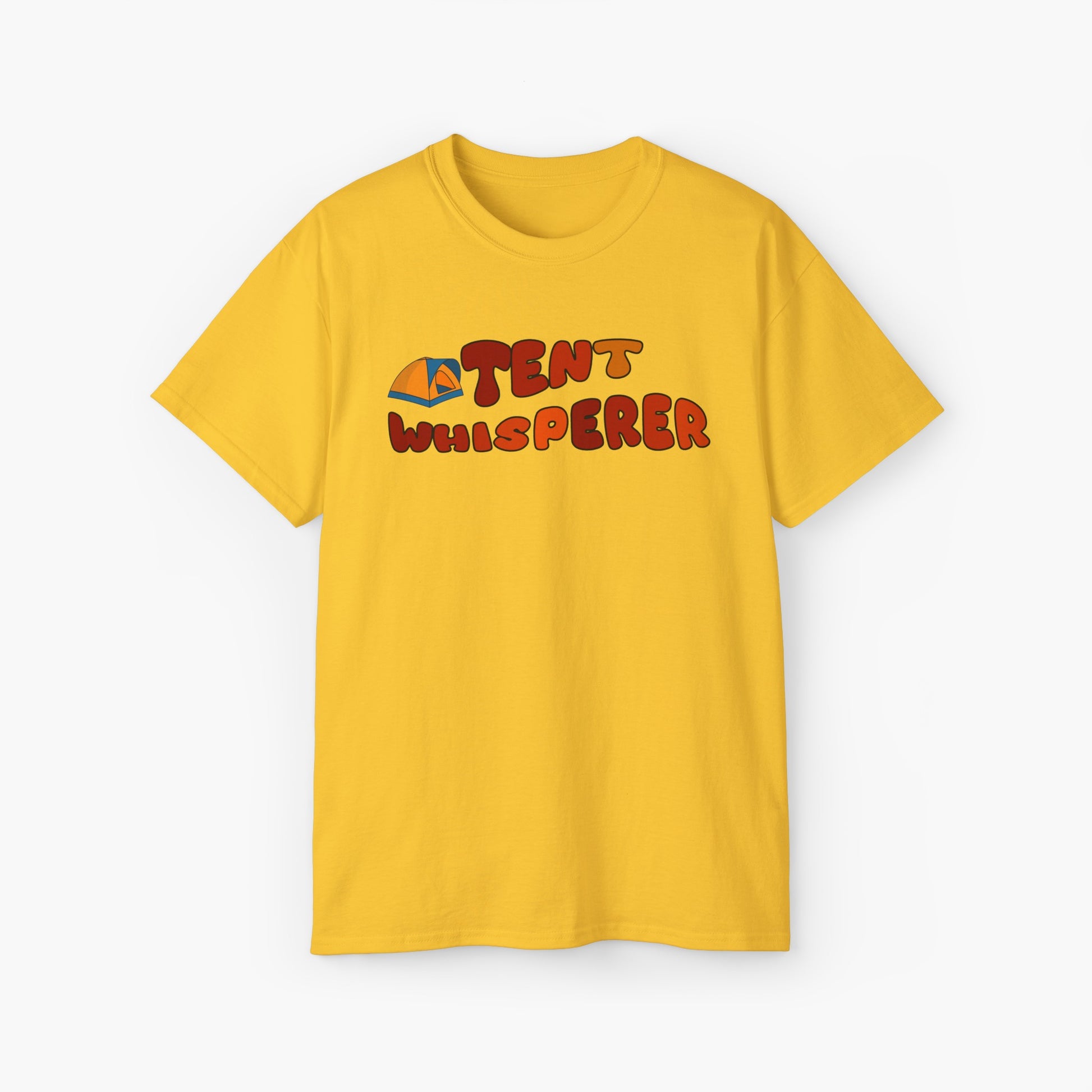 Yellow t-shirt with red text 'Tent Whisperer' and a graphic of a tent on a plain background.