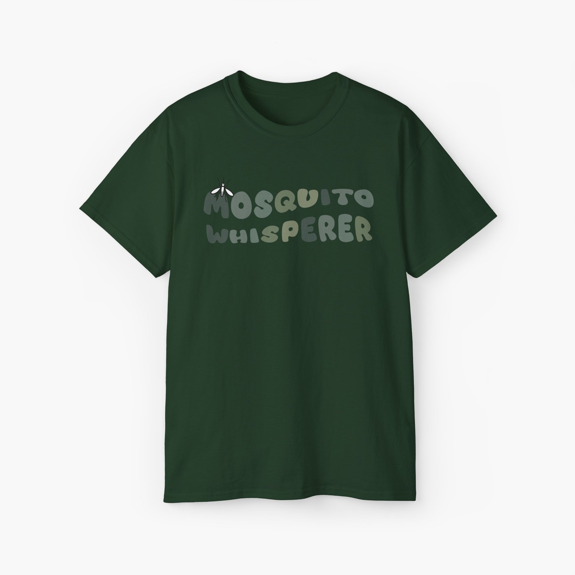 Green t-shirt with colorful green text 'Mosquito Whisperer' and a mosquito graphic on a plain background.