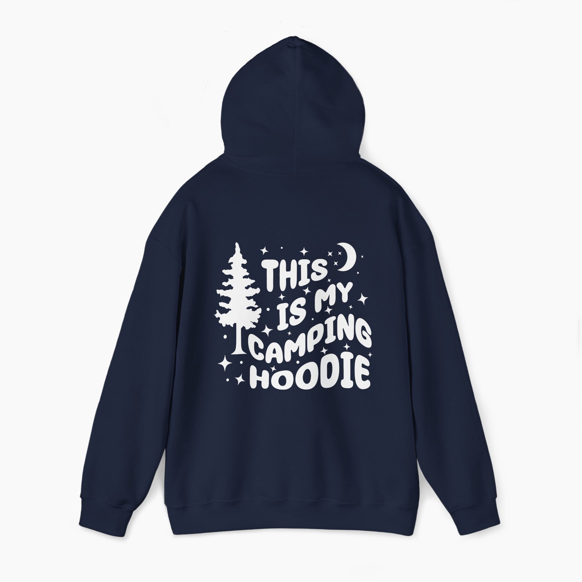 Back of a blue hoodie featuring the text 'This is my camping hoodie,' with a design of a camping van, moon, stars, and a tree on a plain background.