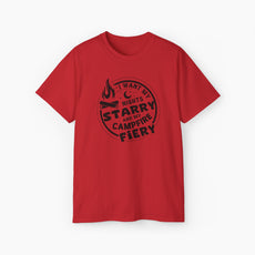 Red t-shirt with the text 'I want my nights starry and my campfire fiery' in a circular design, featuring a campfire, stars, and moon on a plain background.