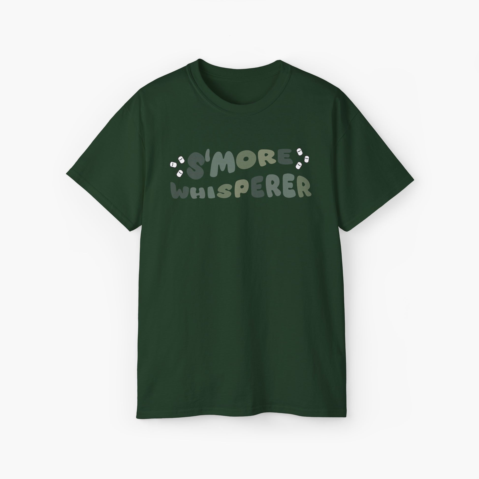 Green t-shirt with green text 'S'more Whisperer' and marshmallow graphics on a plain background.