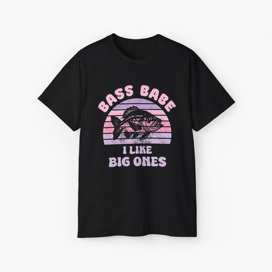 Black t-shirt with the text 'Bass babe, I like big ones' on a plain background.