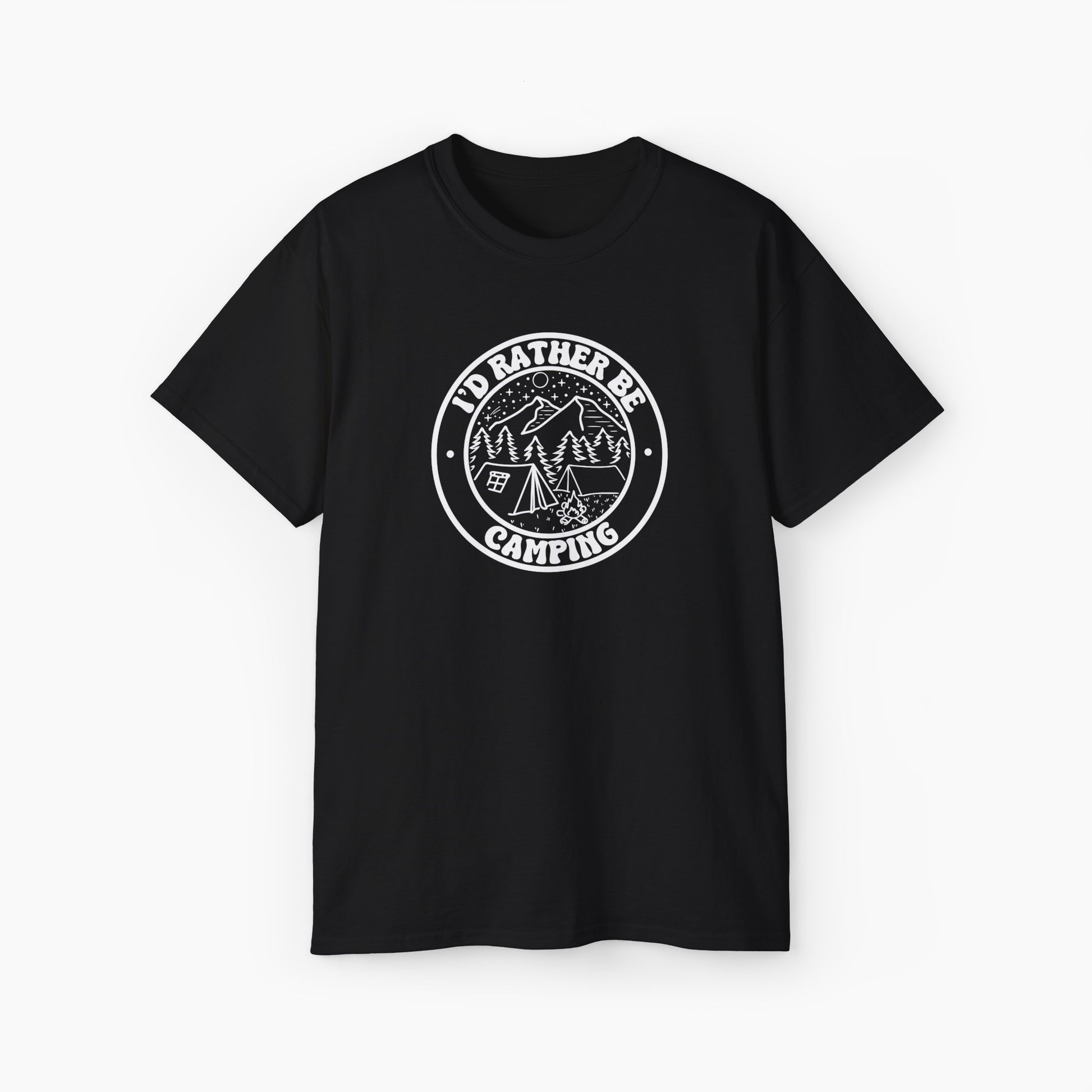 Black t-shirt featuring a minimalistic circular design with the text 'I'd rather be camping,' including a tent, campfire, trees, and mountains.