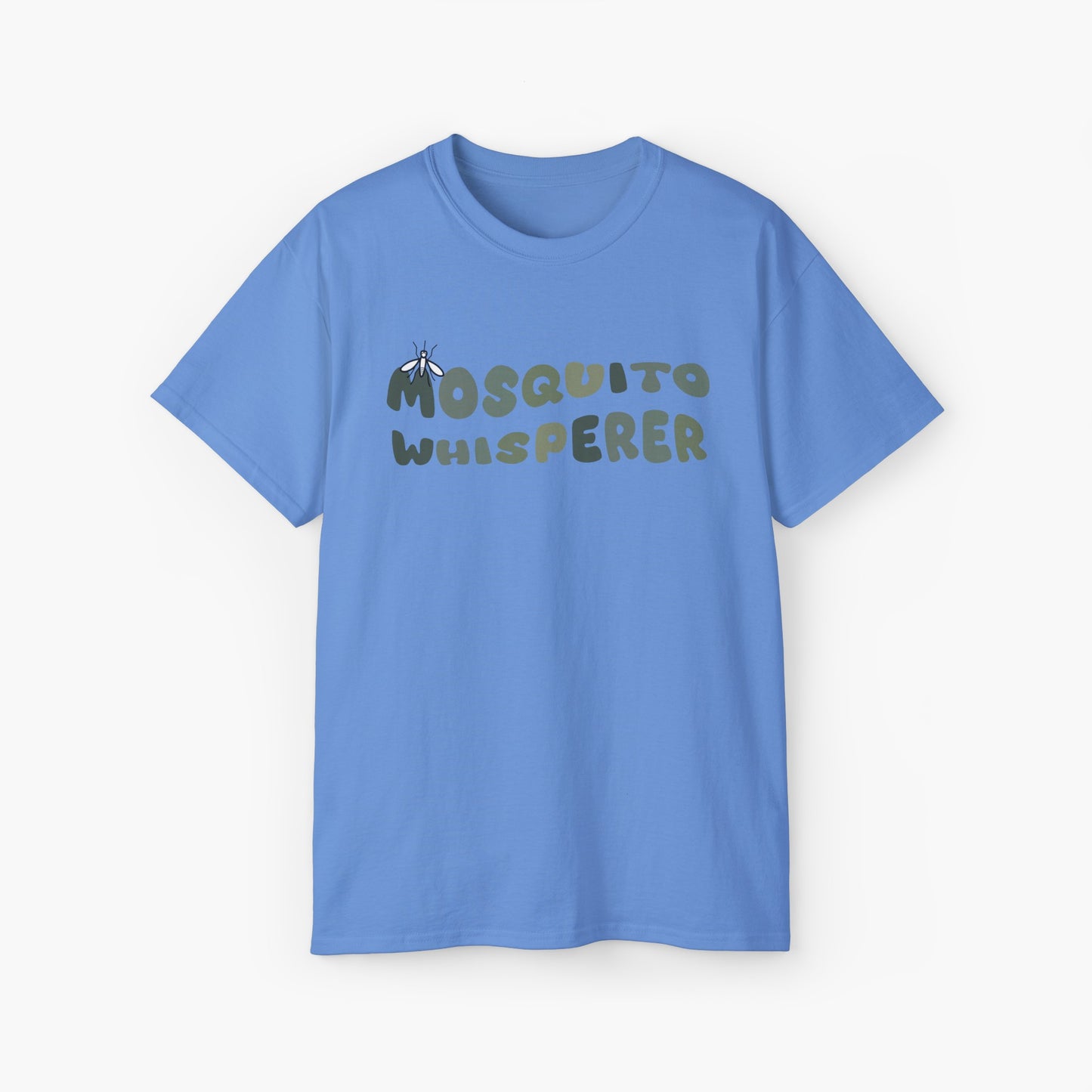 Blue t-shirt with colorful green text 'Mosquito Whisperer' and a mosquito graphic on a plain background.