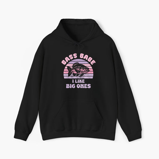 Black hoodie with the text 'Bass babe, I like big ones' on a plain background.