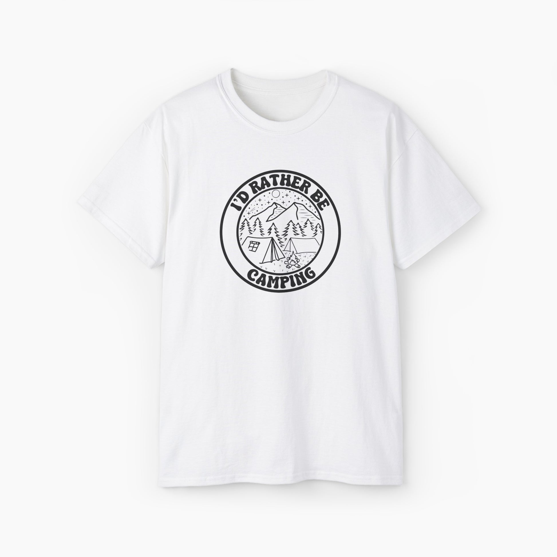 White t-shirt featuring a minimalistic circular design with the text 'I'd rather be camping,' including a tent, campfire, trees, and mountains.
