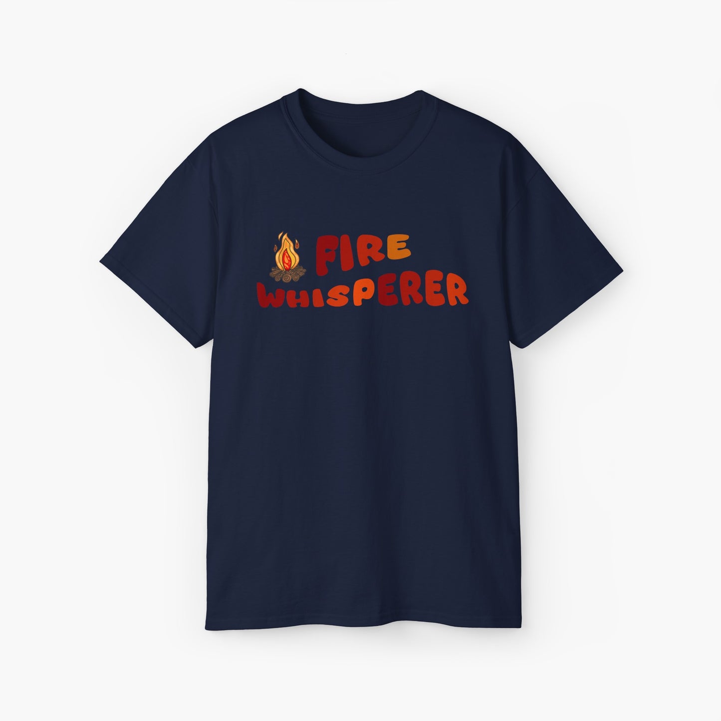 Dark blue t-shirt with colorful 'Fire Whisperer' text, featuring a vibrant campfire graphic on a plain background.