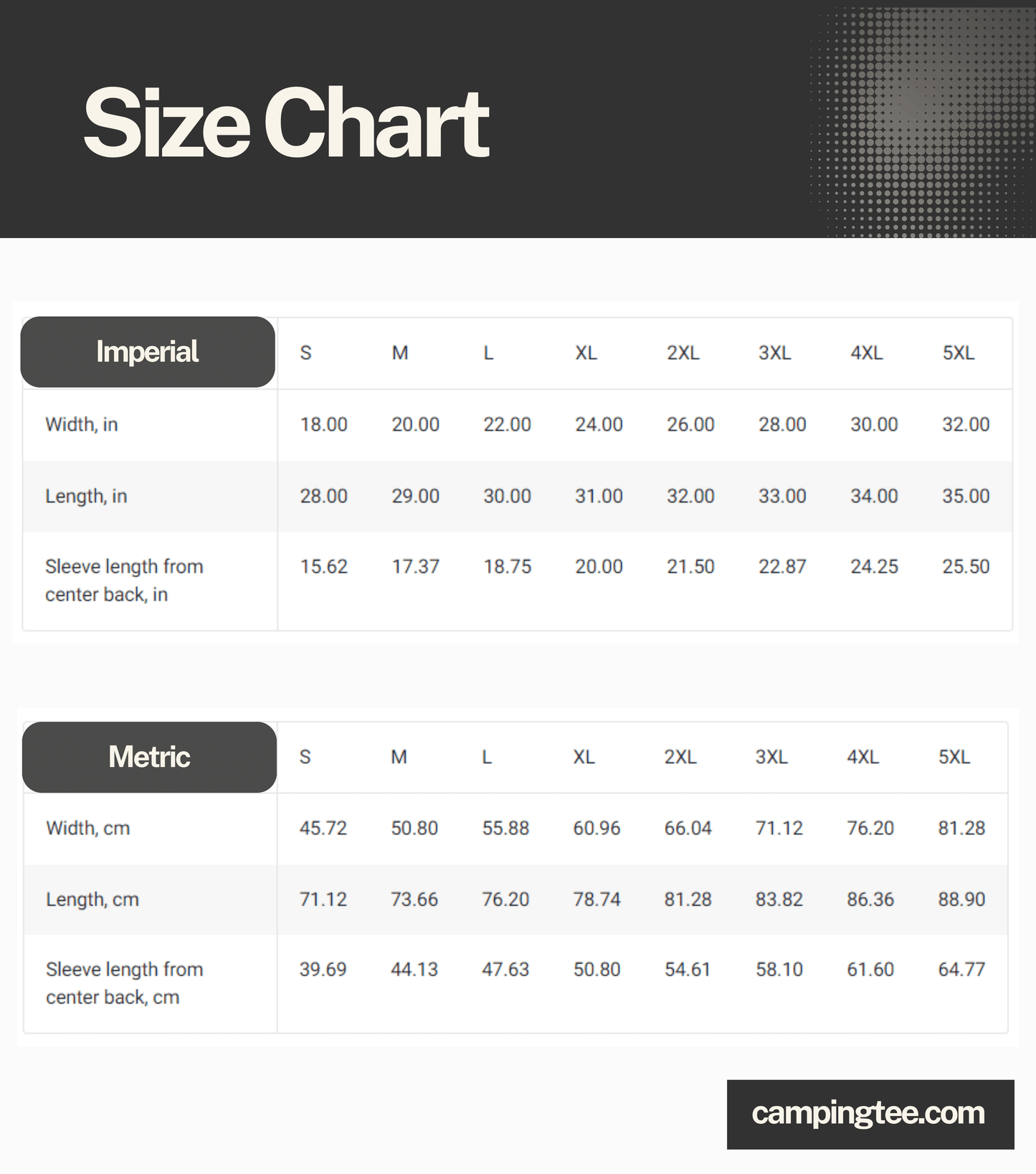 T-shirt size chart in both imperial and metric units, detailing dimensions for various fits.