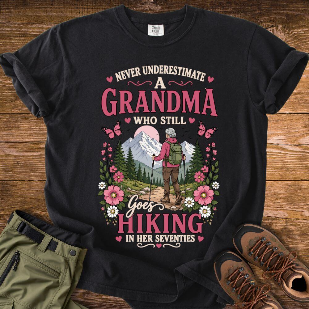 Grandma hiking T-shirt in Black color – front product mockup