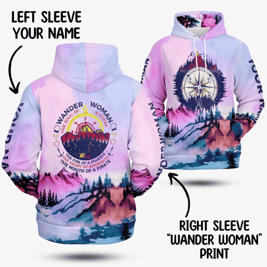 Customizable Wander Woman hoodie with pink and blue mountain design, compass print, 'Wander Woman' on right sleeve, personalized left sleeve.