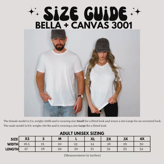 Male and female models wearing white t-shirts, showcasing size Small and Large from the Bella + Canvas 3001 size guide. Includes a sizing chart for unisex adult t-shirts.